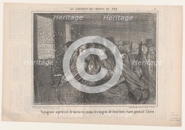 Voyageurs appréciant de moins en moins les wagons de troisième classe pendant l'hiver, 1856. Creator: Honore Daumier.