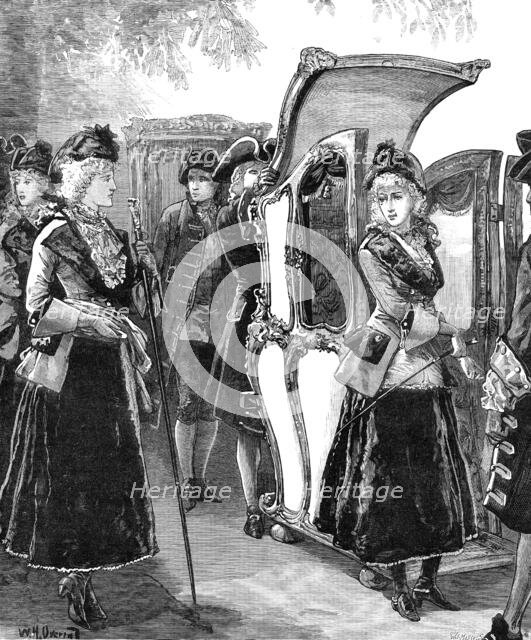 Three ladies of fashion on their way to "Ye Olde English Fayre," at the Albert Hall, 1881. Creator: W. I. Mosses.