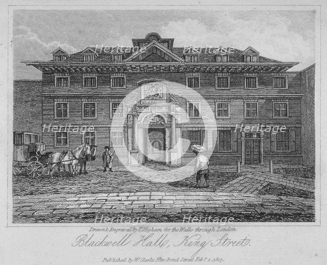 View of Blackwell Hall on King Street with carriage and figures, City of London, 1817.               Artist: Thomas Higham