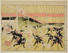 Perspective Picture of the Night Attack from Act XI of the Storehouse of Loyal..., c. 1791/94. Creator: Kitao Masayoshi.