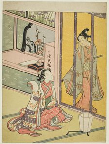 Young Man and Woman Talking through a Bamboo Blind, c. 1768. Creator: Suzuki Harunobu.