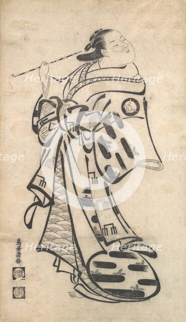 An Oiran Standing, a Pipe in Her right Hand, and Turning to Look Behind over Her Shoul..., ca. 1705. Creator: Torii Kiyomasu I.