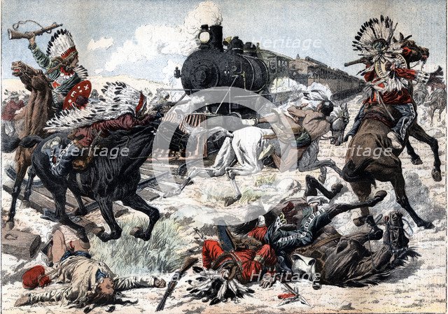 Passengers train, attacked by a tribe of Red Indians in Arizona, drawing published in the Petit J…