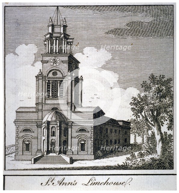 South-west view of the Church of St Anne, Limehouse, London, c1750. Artist: Anon