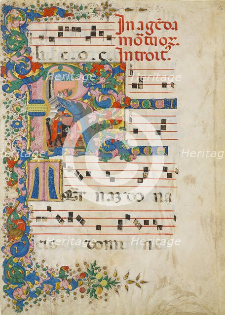 Manuscript Leaf with a Funeral Procession in an Initial R, from a Gradual, Italian, second half 15th Creator: Mariano del Buono.