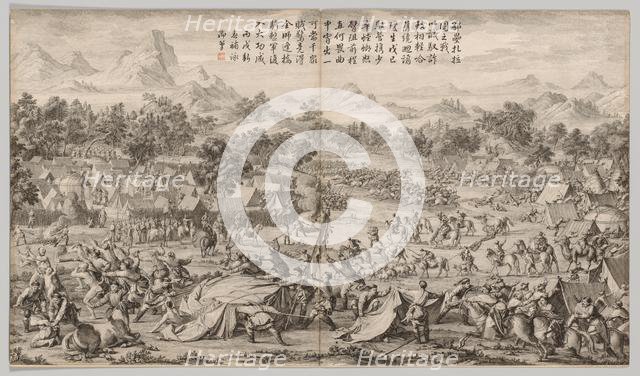 The Battle at Elei Zhalatu: from Battle Scenes of the Quelling of Rebellions...c. 1765-1774. Creator: Unknown.