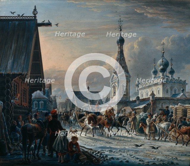 Street with Mail Coaches, 1829. Artist: Orlowski, Alexander Osipovich (1777-1832)