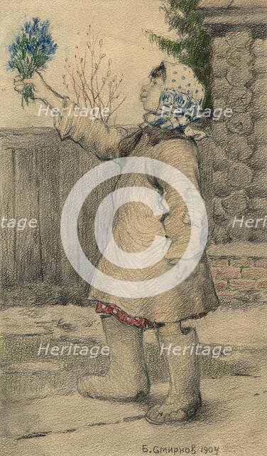 Migrant Orphan Selling Blue Snowdrop Flowers in Irkutsk, 1904. Creator: Boris Vasilievich Smirnov.