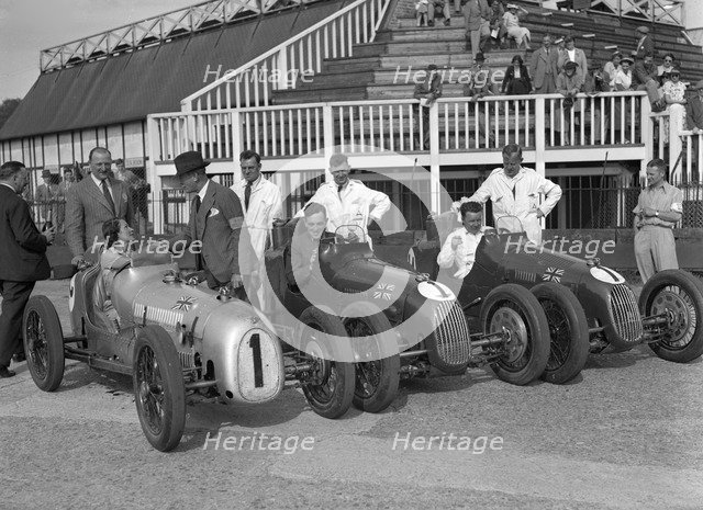 Austin 7 works team, Brooklands 1937. Artist: Bill Brunell.