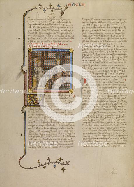 Solomon with a Crowned Female Figure Holding a Wheel Illustrating the Turning..., about 1360-1370. Creator: Master of Jean de Mandeville.