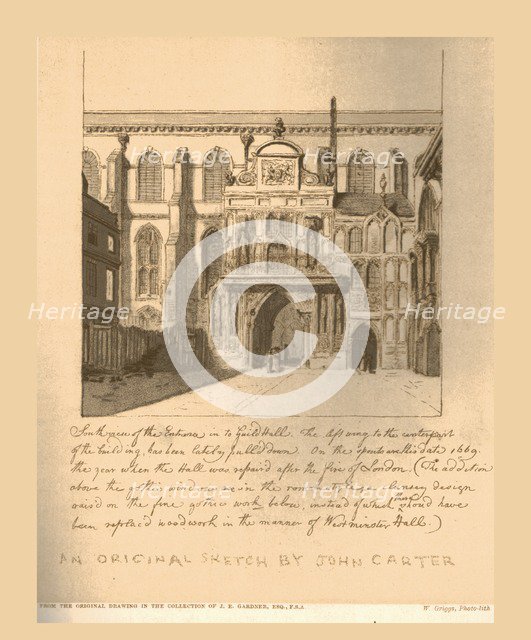 South View of the entrance into the Guildhall, c1669, (1886).  Artist: Unknown.