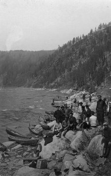 A Group of Topographers After Unloading Boats for Detouring the Mrassu River Rapid, 1913. Creator: GI Ivanov.