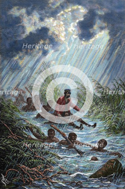 David Livingstone is carried through a swamp during his expedition to Africa in 1872.  Creator: Charles Laplante.