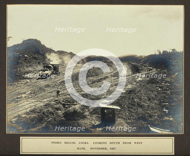 The Pedro Miguel Locks, Panama Canal construction: view of train tracks, looking south from...1907. Creator: Unknown.