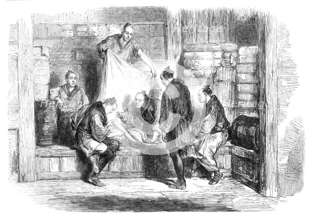 Buying camlets in a shop, Yokohama - from a sketch by our special artist, 1865. Creator: Unknown.