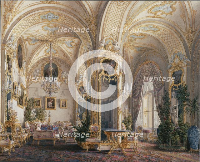 Interiors of the Winter Palace. The Drawing Room in Rococo Style with Cupids, 1860s. Artist: Hau, Eduard (1807-1887)