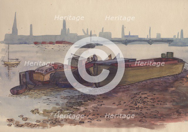 Barges on the Thames in London, 1951. Creator: Shirley Markham.