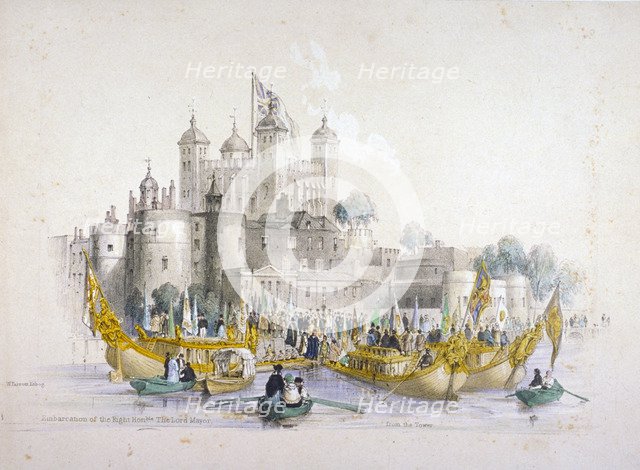 Lord Mayor Thomas Johnson and his entourage embarking from the Tower of London, 1840. Artist: William Parrott