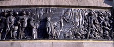 Detail of the bas-relief in the monument to Christopher Columbus in Barcelona, allegorical scene …