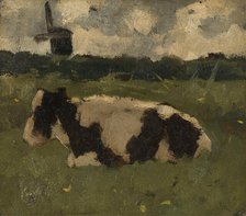 Resting Cow with a Mill, 1888. Creator: Richard Roland Holst.