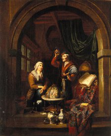 A physician examining a urine-flask, c1700. Creator: Gerard Thomas.