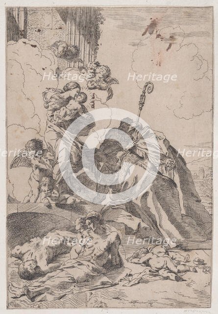 Three Lucchese saints Sts Nicholas Tolentino, Nicholas of Bari interceding with the V..., 1650-1700. Creator: Anon.