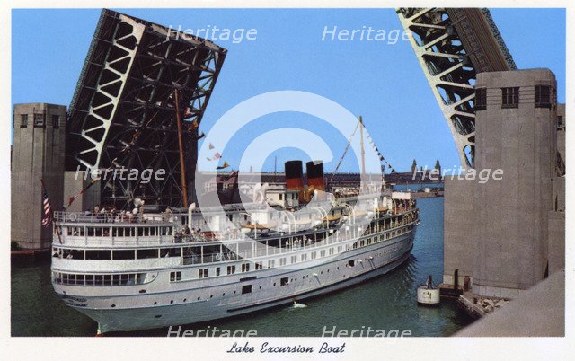 Lake excursion boat passing through the Outer Drive Link Bridge, Chicago, Illinois, USA, 1954. Artist: Unknown