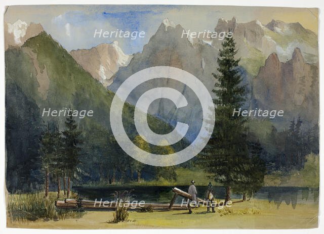 Two Men by Pond below Alps, 1800-1899. Creator: Unknown.