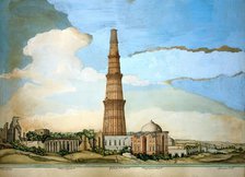 Delhi: Qutab Minar, adjoining ruins and the tomb of Imam Zamin, (1820?). Creator: Ghulam Ali Khan.