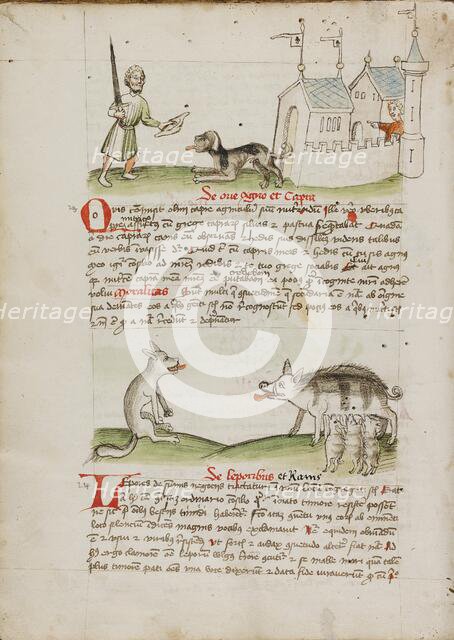 A Man with a Sword and a Dog with a Bone: A Wolf and a Pig; Fables, third quarter of 15th century. Creator: Unknown.
