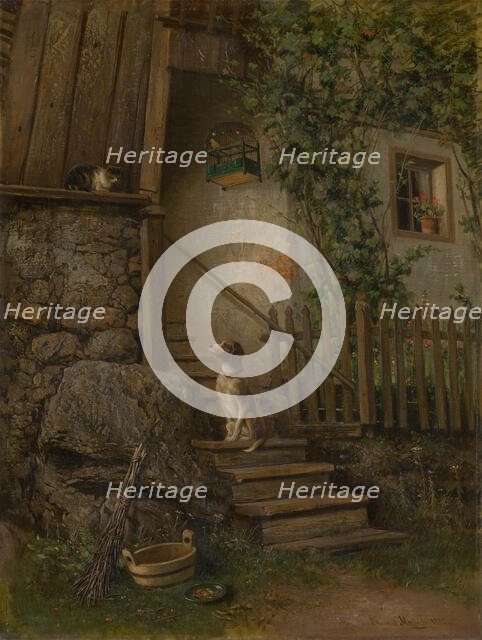 On the Porch (Dog and Cat), 1882. Creator: Eduard Majsch.