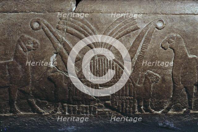 Sumerian reed house. Detail of the Uruk Trough, 3300-3000 BC. Creator: Sumerian culture.