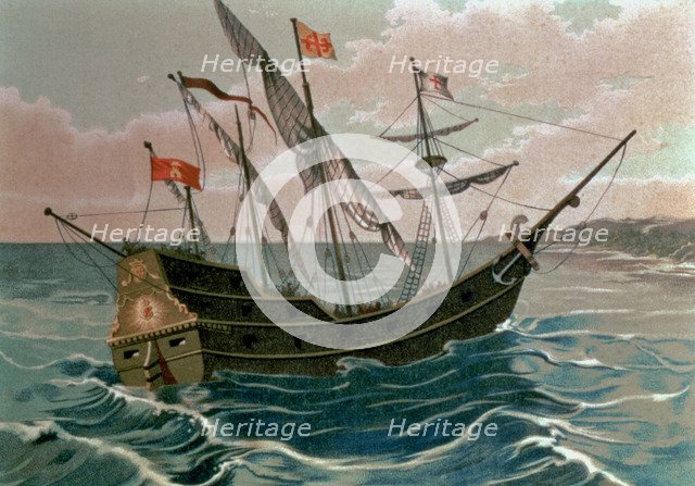 Discovery of America. The caravel 'Santa Maria' arriving to the coasts of the New World on 12 Oct…