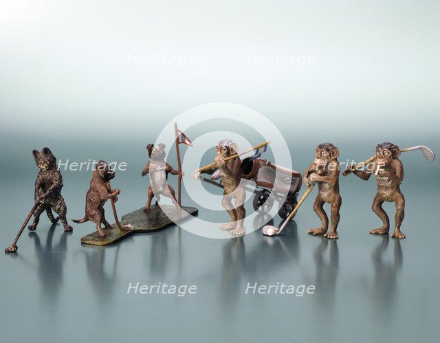 Miniature monkey and dog golfing ephemera. Artist: Unknown