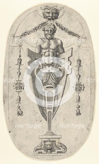 Male Terminal Figure; Torso with Beard and Turban on a Half- Length Pedestal Enclosed ..., ca. 1543. Creator: Jean Mignon.