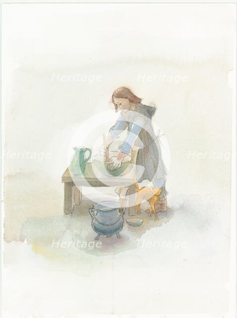 A medieval cook preparing food, 2004. Creator: Judith Dobie.