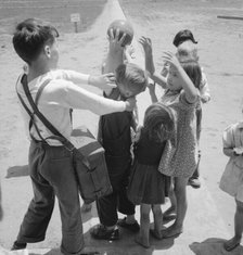 Nursery school, showing migrant children playing, FSA camp, Tulare County, CA , 1939. Creator: Dorothea Lange.