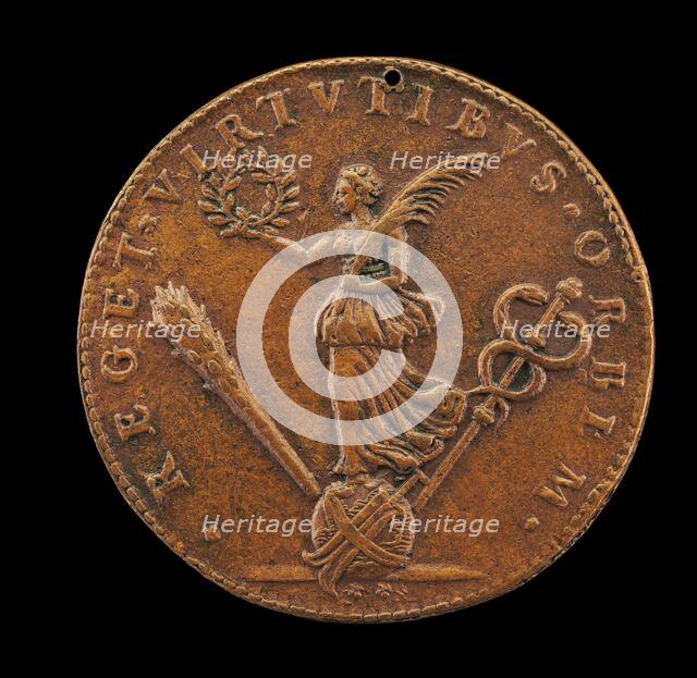 Victory Holding a Palm and Laurel, on a Globe with a Rudder, Club, and Cadeuceus [reverse], 1594. Creator: Philippe Danfrie.