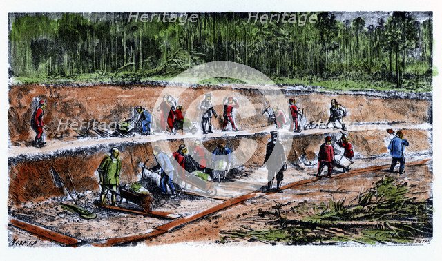 Disassembling works by Chinese workers during the construction of the Trans-Siberian Railway, eng…