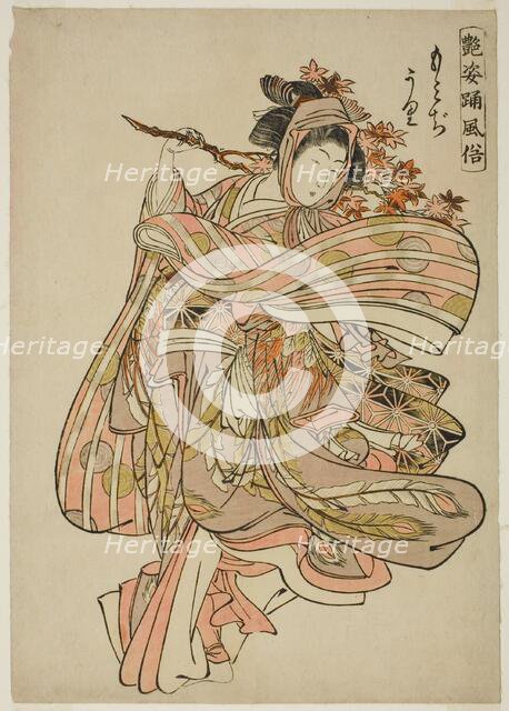 Viewing Maple Leaves (Momijigari), from the series "Dance Customs of Captivating..., c. 1772/80. Creator: Kitao Shigemasa.
