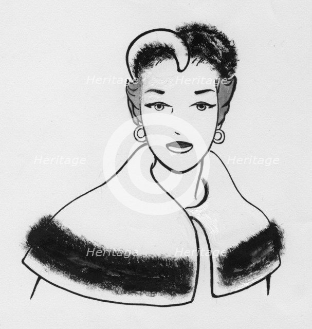 Woman with fur-trimmed cape and matching hat, c1950. Creator: Shirley Markham.