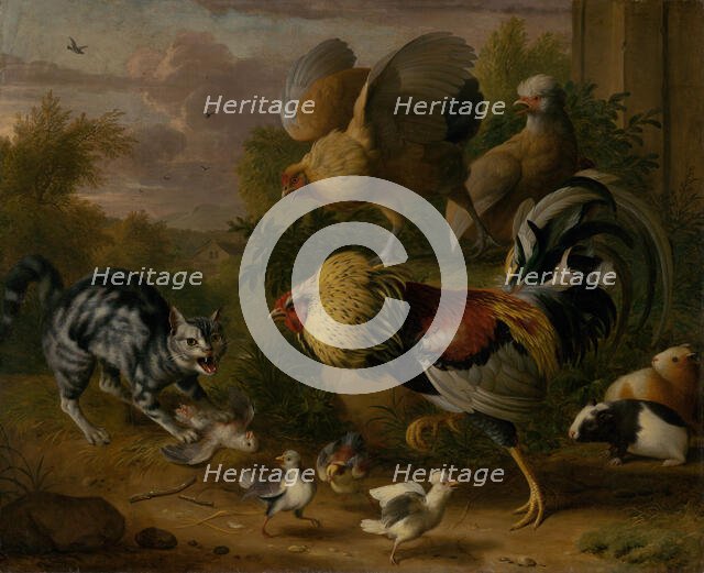 Cat between Cockrels, 1706-1710. Creator: Jakub Bogdan.
