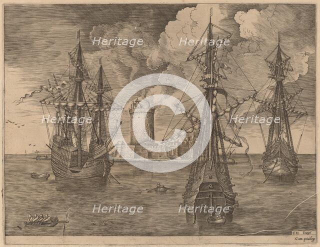 Four-Master (Left) and Two Three-Masters Anchored Near a Fortified Island with a Lighthouse,1565. Creator: Frans Huys.