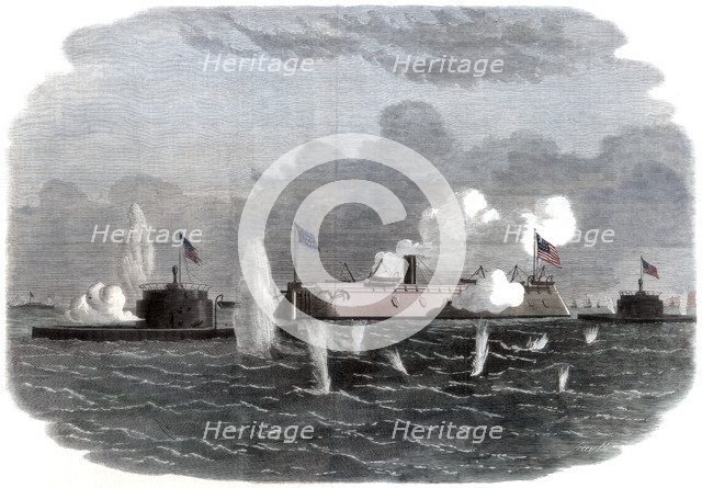 The iron-clad frigate, new ironsides, and two Ericsson batteries going into action at Charleston, 18 Artist: Unknown