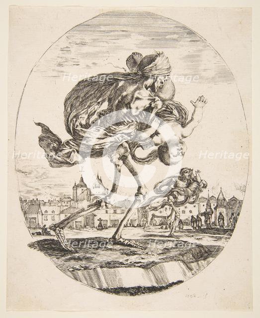 Death Carrying an Infant, from 'The five deaths' (Les cinq Morts), ca. 1648. Creator: Stefano della Bella.