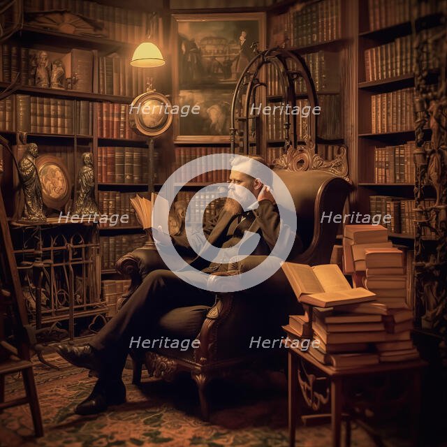 AI IMAGE - Bram Stoker reading in a Victorian library, 1890s, (2023). Creator: Heritage Images.