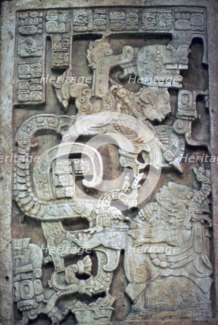 Mayan stone lintel showing a serpent god and priest. Artist: Unknown