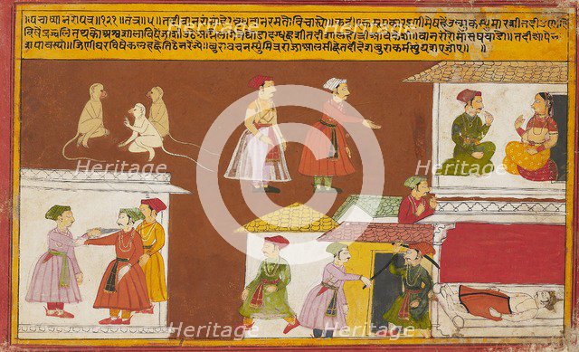 Servant protecting the house where a king lies dead, from a Pancha Tantra manuscript, mid-18th centu Artist: Unknown.