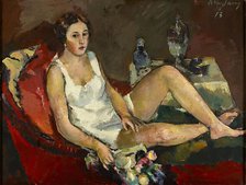 Young woman on red sofa, 1913. Creator: Anton Faistauer.