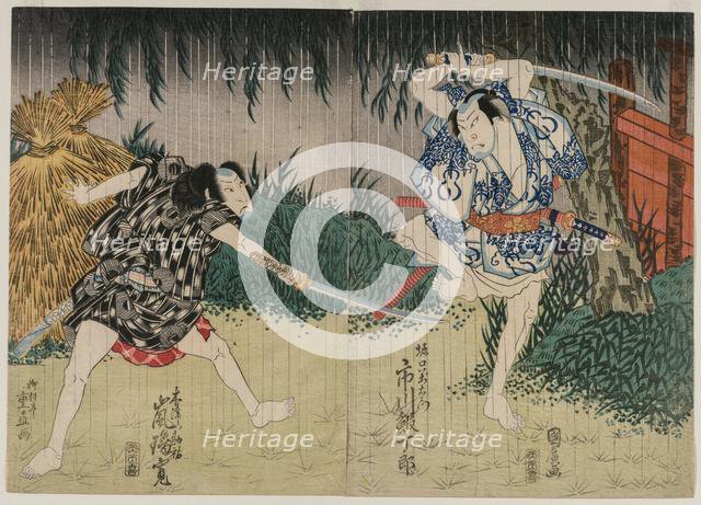 Arashi Rikan II as Kizu Kansuke; Ichikawa Ebijuro II as Horiguchi Manzaemon, 1829. Creator: Shigenao (Japanese); Utagawa Kunihiro (Japanese).